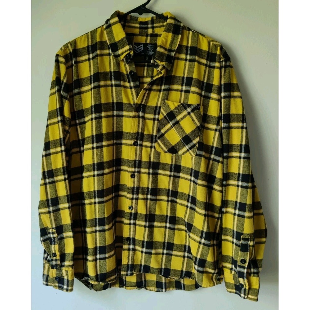 RONIN Factory Plaid Yellow Black Long Sleeve‎ Flannel Shirt Men's L Button Down